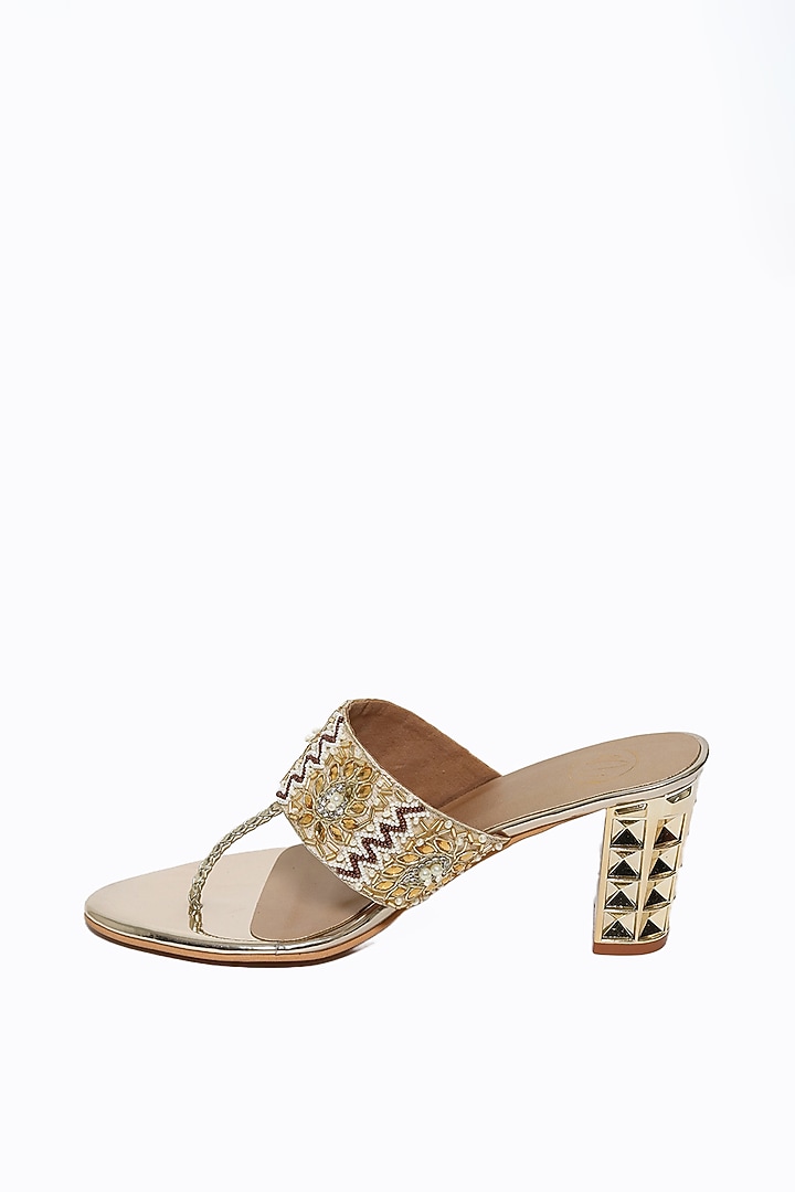 Gold Synthetic Patent Embellished Heels by NR By Nidhi Rathi at Pernia's Pop Up Shop
