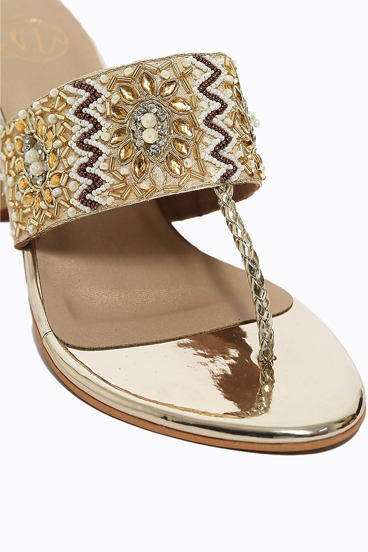 Gold Synthetic Patent Embellished Heels by NR By Nidhi Rathi at Pernia's Pop Up Shop