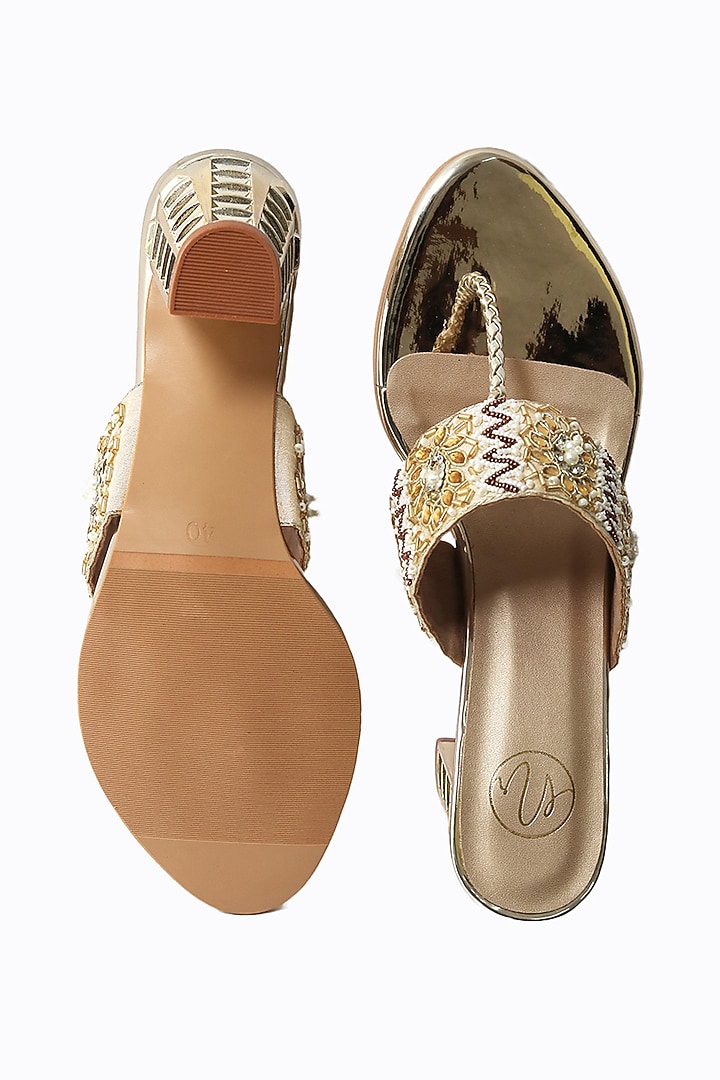 Gold Synthetic Patent Embellished Heels by NR By Nidhi Rathi at Pernia's Pop Up Shop
