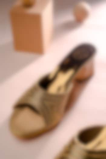 Gold Synthetic Patent Embellished Heels by NR By Nidhi Rathi at Pernia's Pop Up Shop