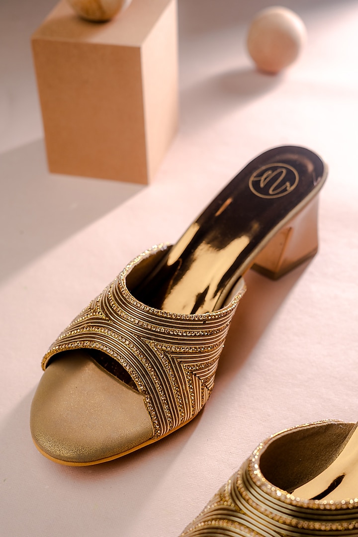 Gold Synthetic Patent Embellished Heels by NR By Nidhi Rathi at Pernia's Pop Up Shop