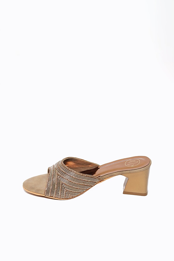 Gold Synthetic Patent Embellished Heels by NR By Nidhi Rathi at Pernia's Pop Up Shop