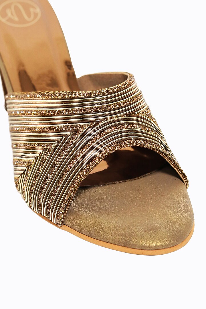 Gold Synthetic Patent Embellished Heels by NR By Nidhi Rathi at Pernia's Pop Up Shop