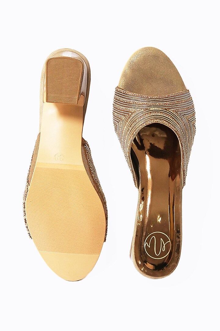 Gold Synthetic Patent Embellished Heels by NR By Nidhi Rathi at Pernia's Pop Up Shop