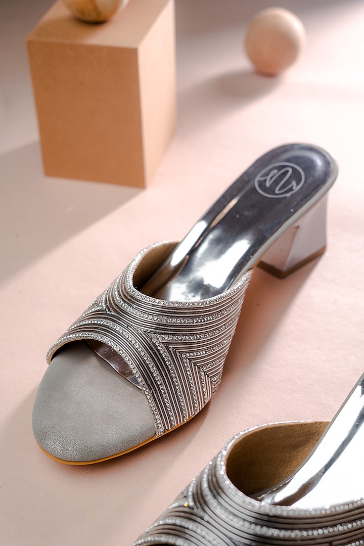 Silver Synthetic Patent Embellished Heels by NR By Nidhi Rathi at Pernia's Pop Up Shop