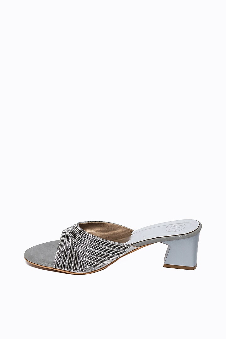 Silver Synthetic Patent Embellished Heels by NR By Nidhi Rathi at Pernia's Pop Up Shop