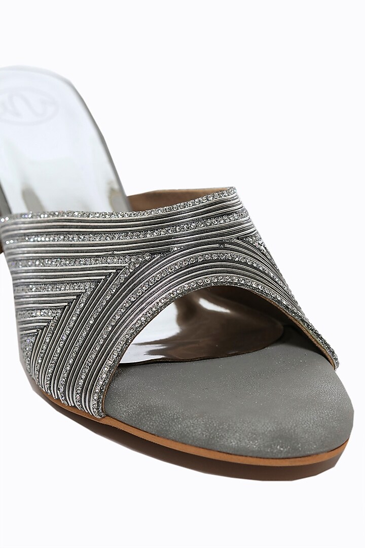 Silver Synthetic Patent Embellished Heels by NR By Nidhi Rathi at Pernia's Pop Up Shop