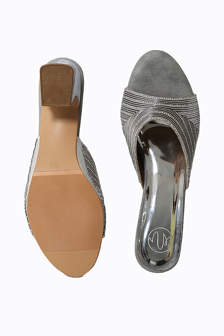 Silver Synthetic Patent Embellished Heels by NR By Nidhi Rathi at Pernia's Pop Up Shop
