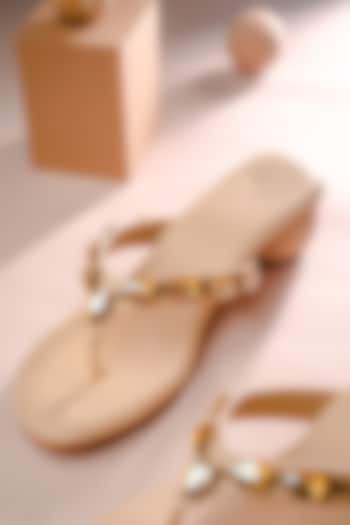 Beige Synthetic Patent Embellished Heels by NR By Nidhi Rathi at Pernia's Pop Up Shop