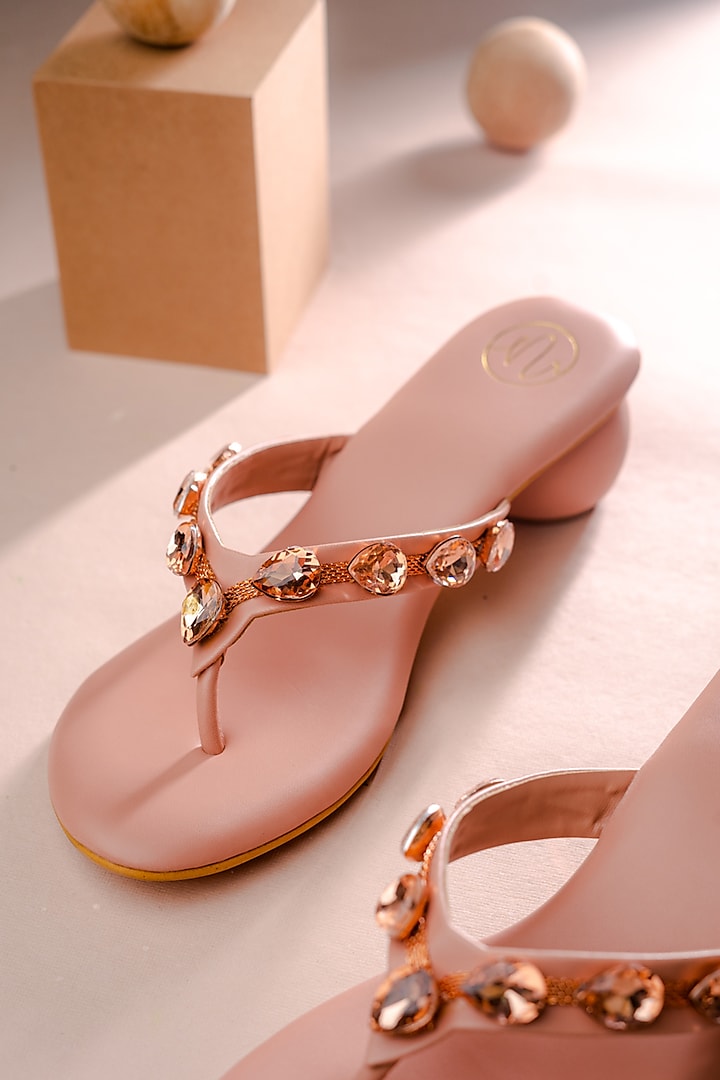 Peach Synthetic Patent Embellished Heels by NR By Nidhi Rathi at Pernia's Pop Up Shop