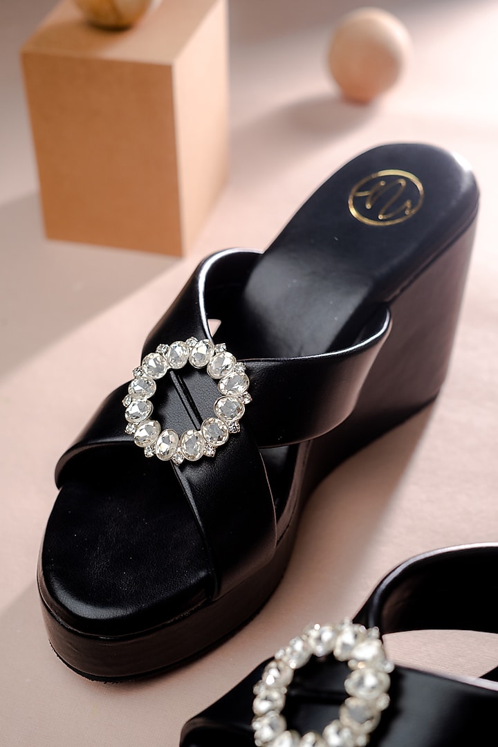 Black Synthetic Patent Embellished Wedges by NR By Nidhi Rathi