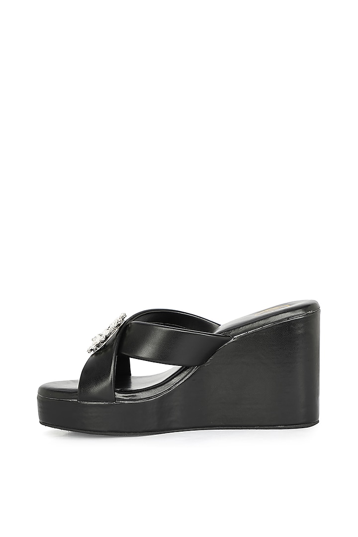 Black Synthetic Patent Embellished Wedges by NR By Nidhi Rathi at Pernia's Pop Up Shop