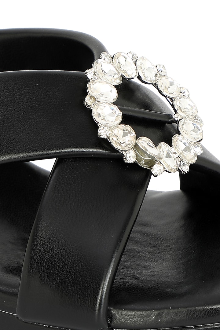Black Synthetic Patent Embellished Wedges by NR By Nidhi Rathi at Pernia's Pop Up Shop