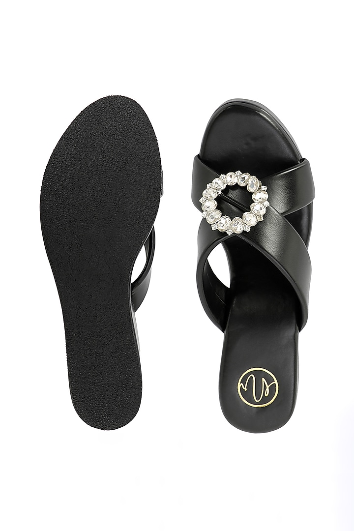 Black Synthetic Patent Embellished Wedges by NR By Nidhi Rathi at Pernia's Pop Up Shop