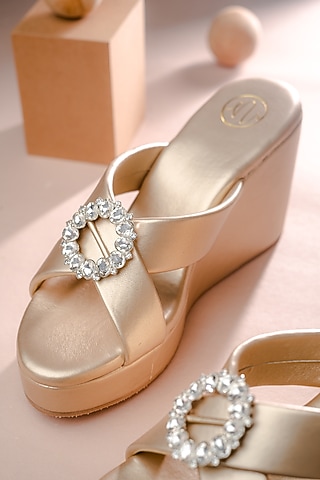 Gold Synthetic Patent Embellished Wedges by NR By Nidhi Rathi