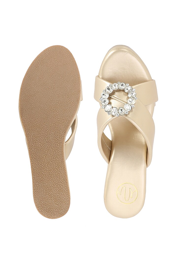 Gold Synthetic Patent Embellished Wedges by NR By Nidhi Rathi at Pernia's Pop Up Shop