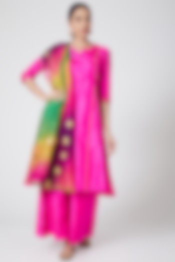 Rani Pink Pure Silk Gota Embroidered Anarkali Kurta Set by Nafisa Rachel William
