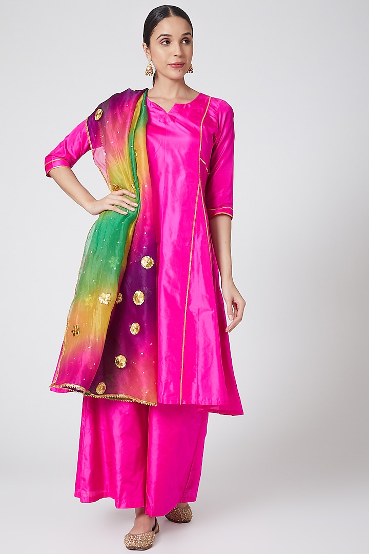 Rani Pink Pure Silk Gota Embroidered Anarkali Kurta Set by Nafisa Rachel William