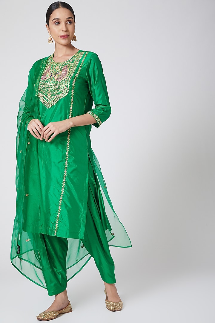 Green Embroidered Pure Silk Kurta Set by Nafisa Rachel William