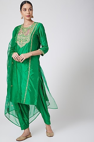 Green Embroidered Pure Silk Kurta Set by Nafisa Rachel William