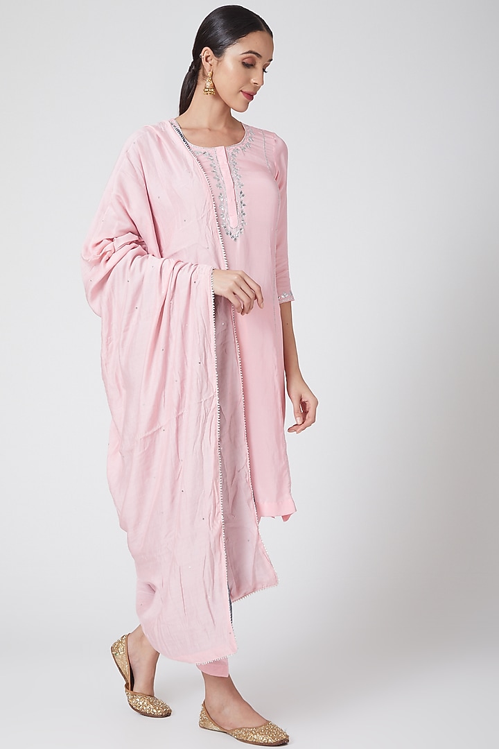 Blush Pink & Grey Embroidered Kurta Set by Nafisa Rachel William at Pernia's Pop Up Shop