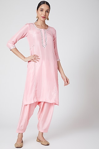 Blush Pink Embroidered Pure Silk Kurta Set by Nafisa Rachel William
