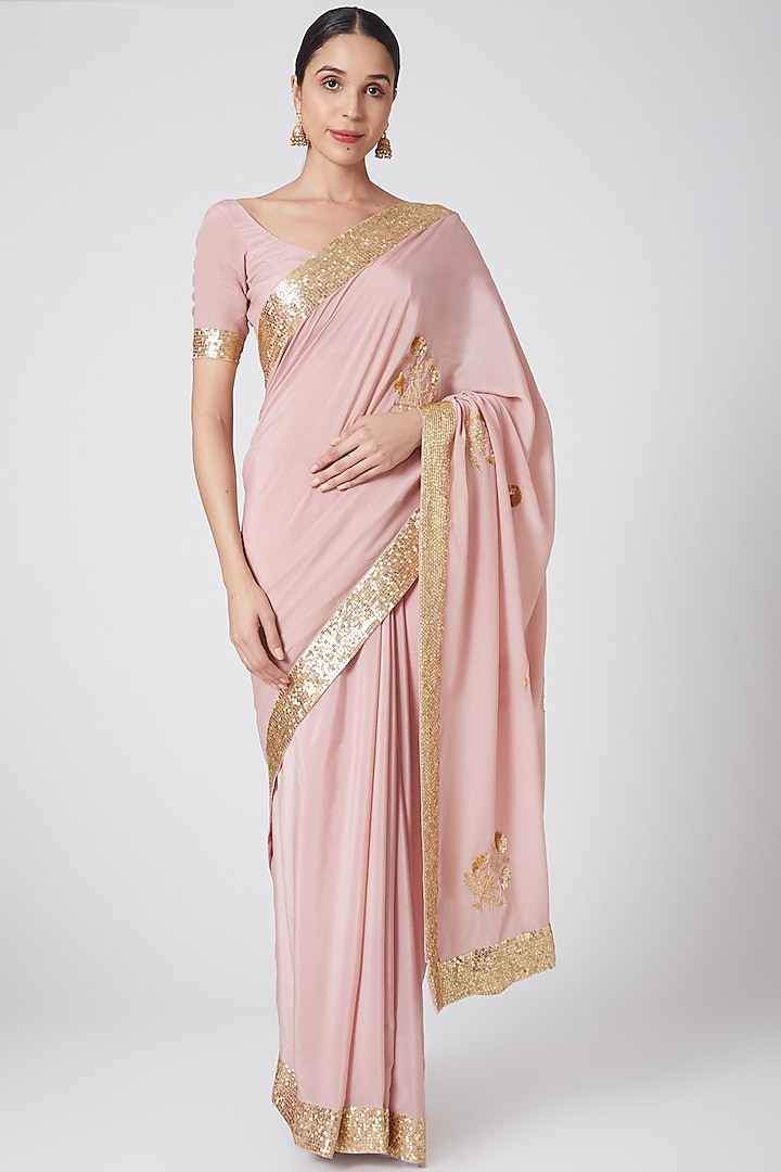 Rose Gold Pure Crepe Sequins Embroidered Saree Set by Nafisa Rachel William