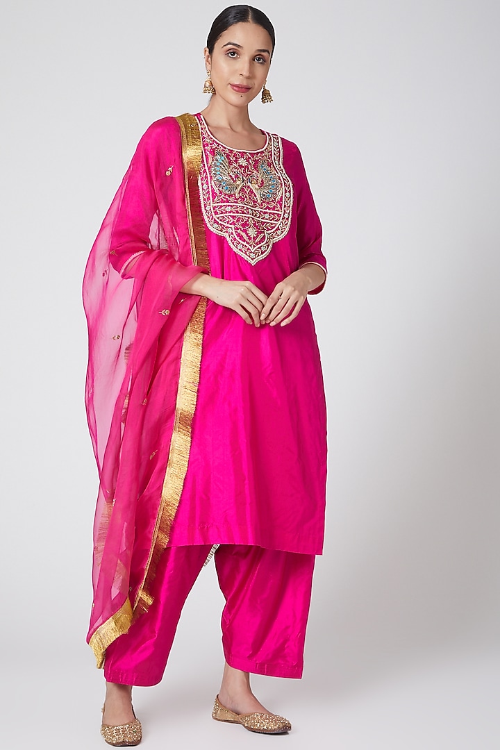 Rani Pink Embroidered Kurta Set by Nafisa Rachel William