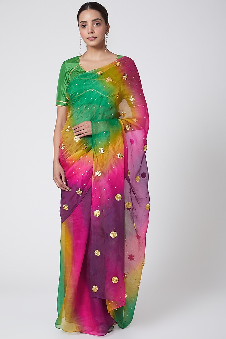 Multi-Colored Pure Organza Silk Sequins Embroidered Dyed Saree Set by Nafisa Rachel William