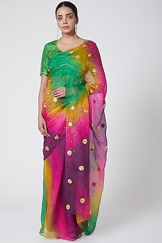 Multi-Colored Pure Organza Silk Sequins Embroidered Dyed Saree Set by Nafisa Rachel William