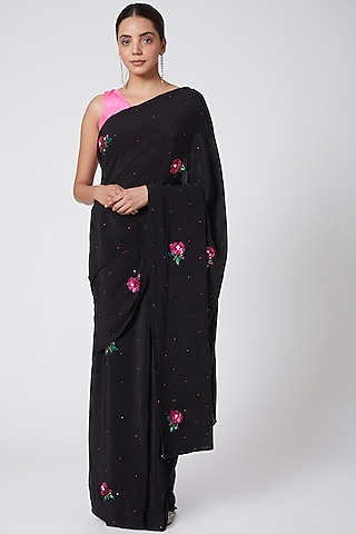 Black  Pure Crepe Floral Hand Block Printed Saree Set by Nafisa Rachel William