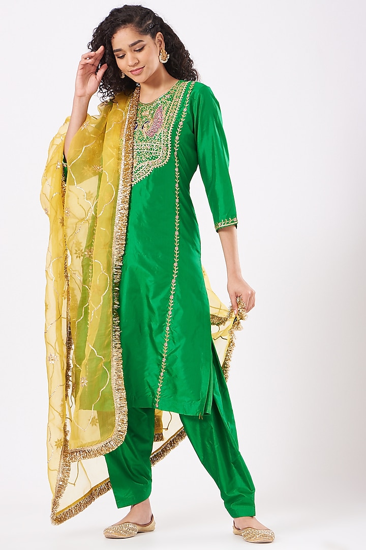 Green Pure Silk Kurta Set by Nafisa Rachel William
