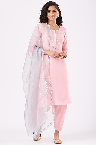 Candy Floss Pink Silk Kurta Set by Nafisa Rachel William