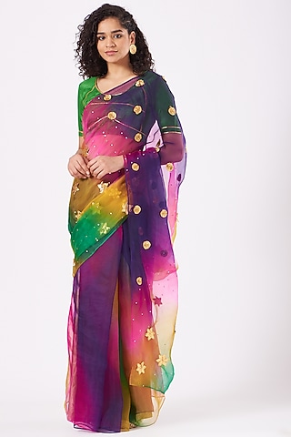 Multi-Colored Organza Handpainted & Digital Printed Saree Set by Nafisa Rachel William