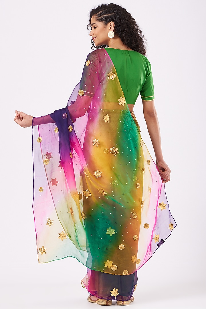 Multi-Colored Organza Handpainted & Digital Printed Wedding Saree Set by Nafisa Rachel William at Pernia's Pop Up Shop