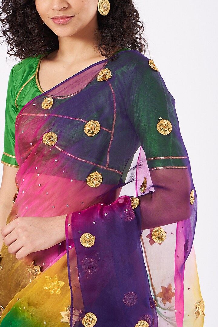 Multi-Colored Organza Handpainted & Digital Printed Wedding Saree Set by Nafisa Rachel William at Pernia's Pop Up Shop