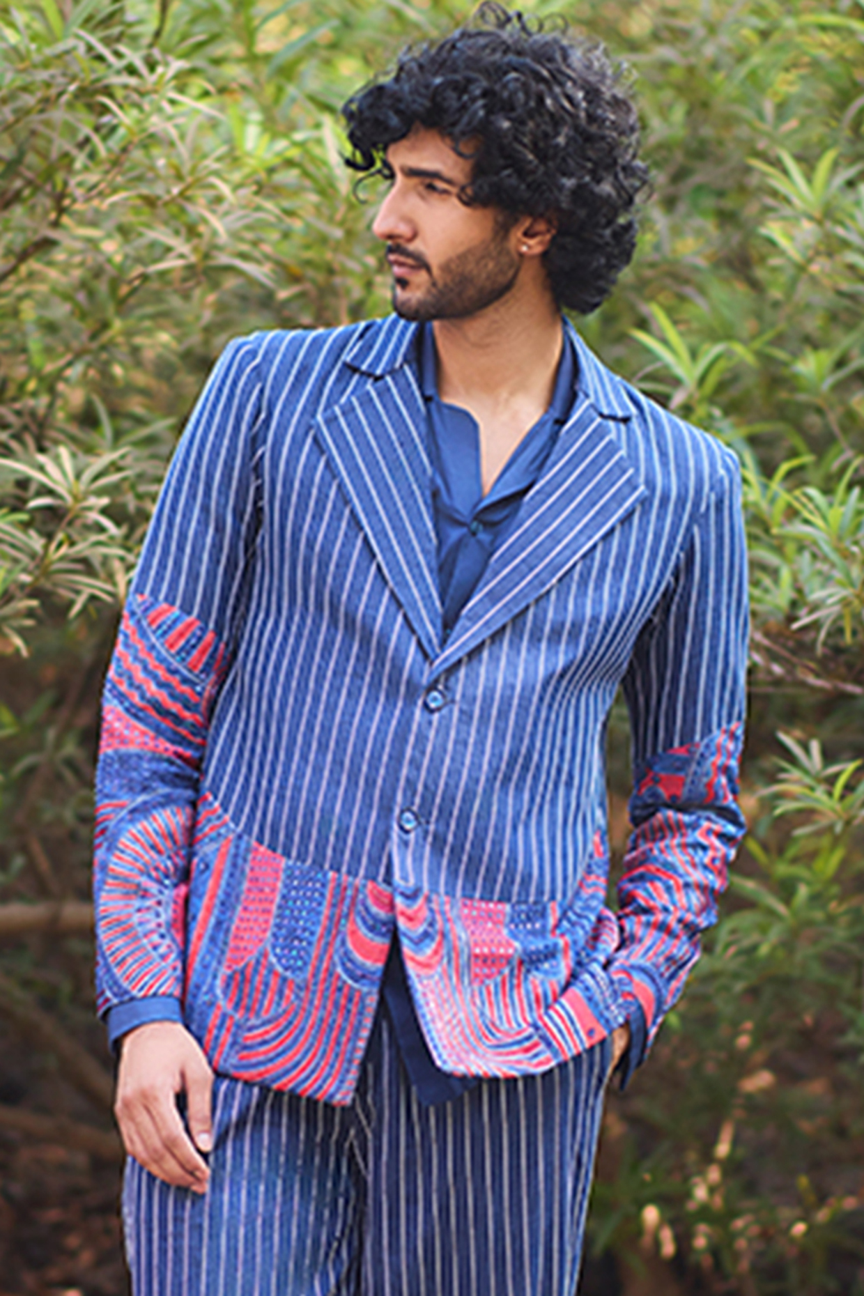 Blue Denim Hand Embroidered Striped Blazer by Nirmooha Men