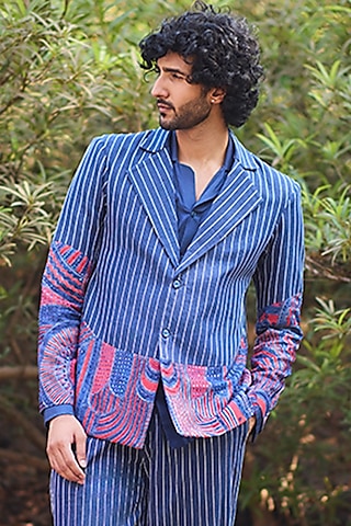 Blue Denim Hand Embroidered Striped Blazer by Nirmooha Men