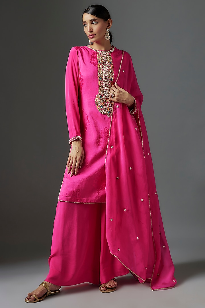 Hot Pink Silk Embroidered Kurta Set by Nadima Saqib