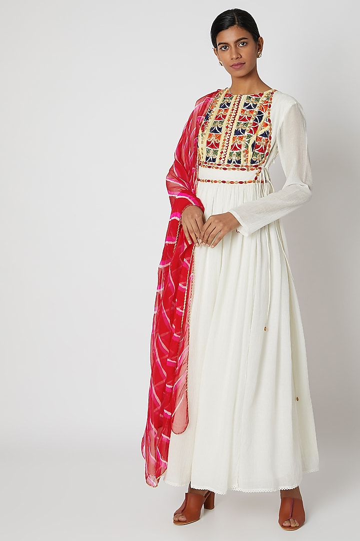 White Embroidered Anarkali With Dupatta by Nadima Saqib