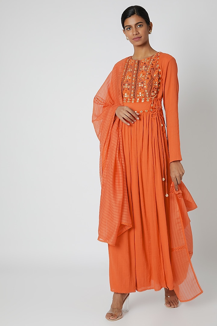 Orange Embroidered Anarkali With Dupatta by Nadima Saqib