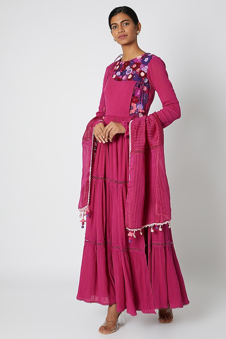 Fuchsia Embroidered Anarkali With Dupatta by Nadima Saqib