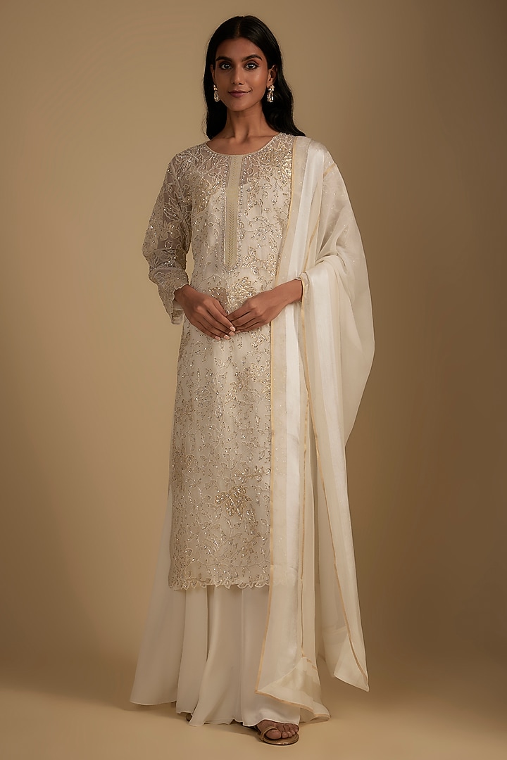 White Organza Sequins Embroidered Kurta Set by Nadima Saqib at Pernia's Pop Up Shop