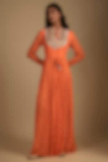 Orange Crepe Printed & Sequins Embroidered Maxi Vacation Dress by Nadima Saqib at Pernia's Pop Up Shop