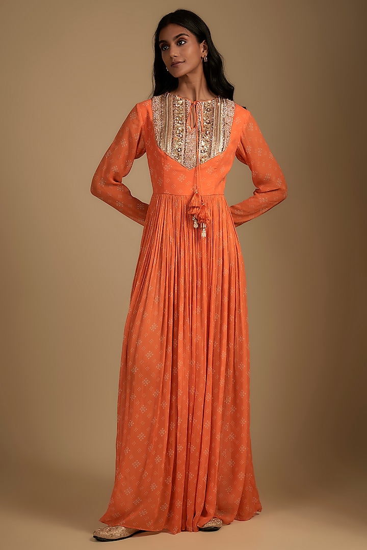 Orange Crepe Printed & Sequins Embroidered Maxi Vacation Dress by Nadima Saqib at Pernia's Pop Up Shop