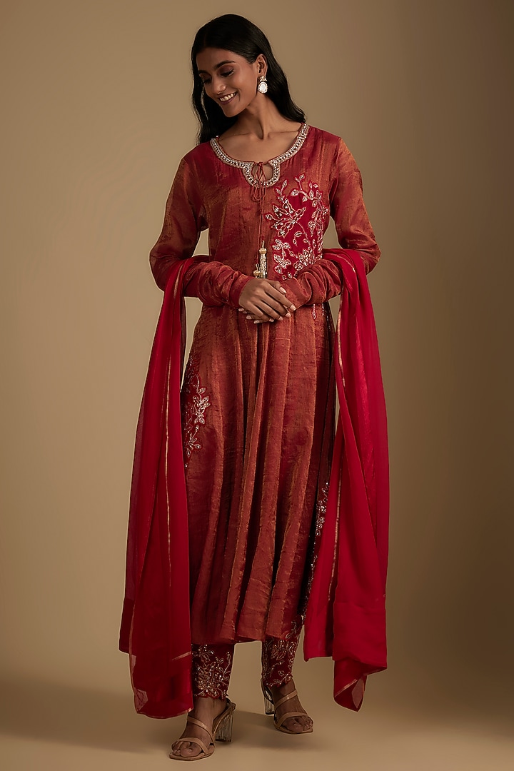 Red Chanderi Tissue Zardosi Embroidered Wedding Anarkali Set by Nadima Saqib at Pernia's Pop Up Shop