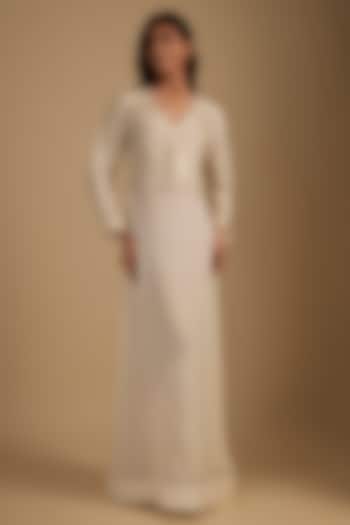 White Crepe Cutwork Embroidered Maxi Cocktail Dress With Crop Top by Nadima Saqib at Pernia's Pop Up Shop