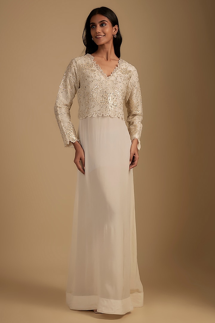 White Crepe Cutwork Embroidered Maxi Cocktail Dress With Crop Top by Nadima Saqib at Pernia's Pop Up Shop