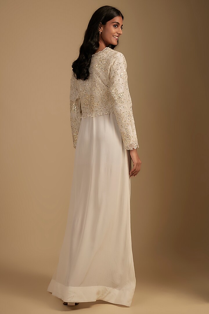 White Crepe Cutwork Embroidered Maxi Cocktail Dress With Crop Top by Nadima Saqib at Pernia's Pop Up Shop
