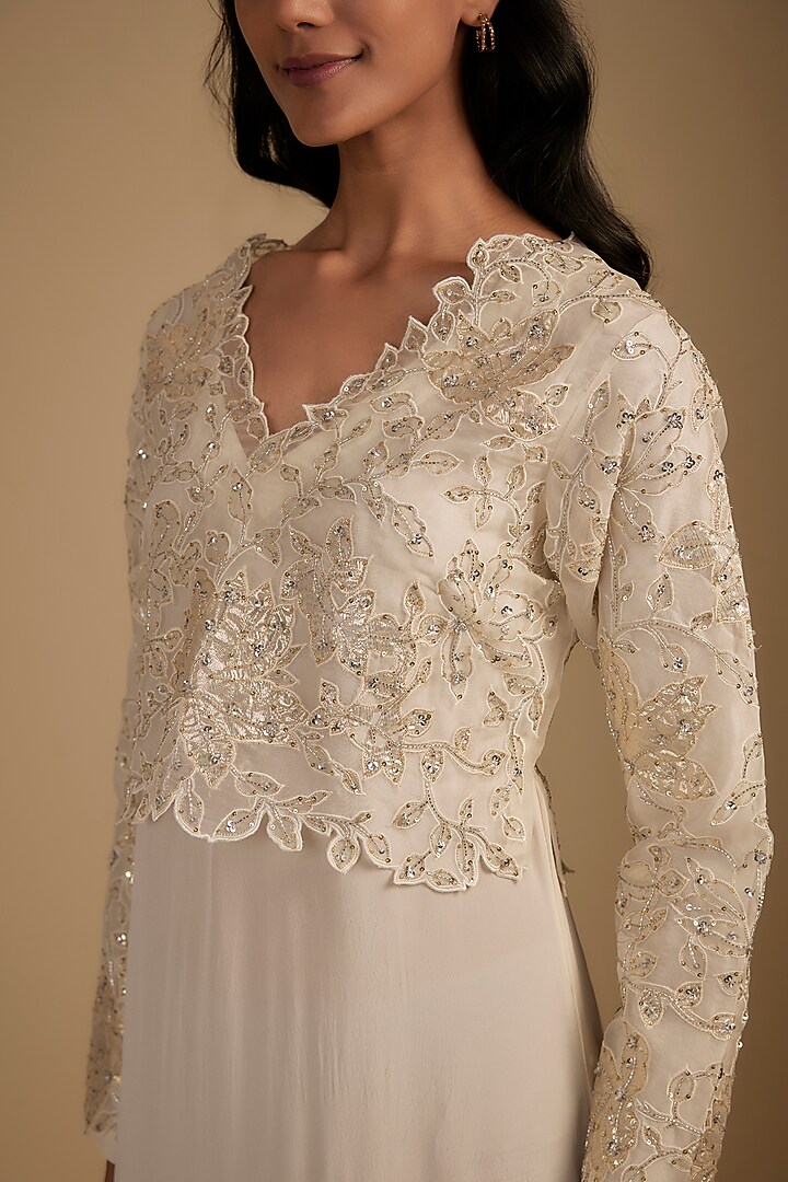 White Crepe Cutwork Embroidered Maxi Cocktail Dress With Crop Top by Nadima Saqib at Pernia's Pop Up Shop